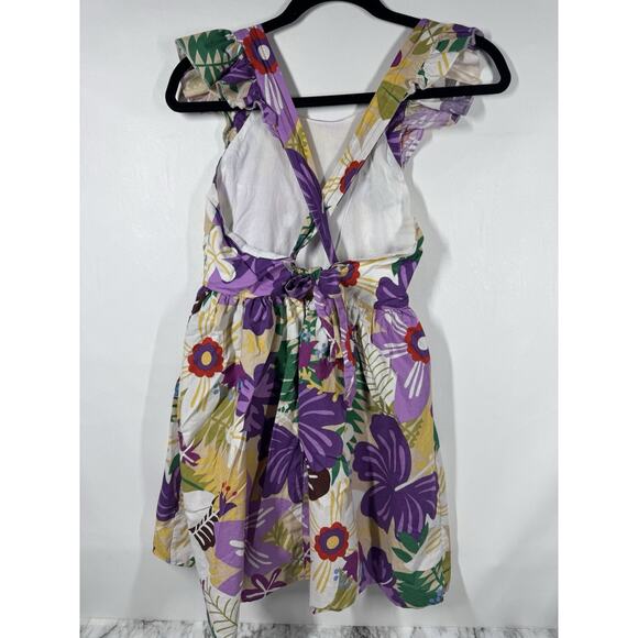 Girls Floral Cotton Dress Size 8-10 Tie Back Flutter Sleeve Hibiscus Sundress - Picture 5 of 5